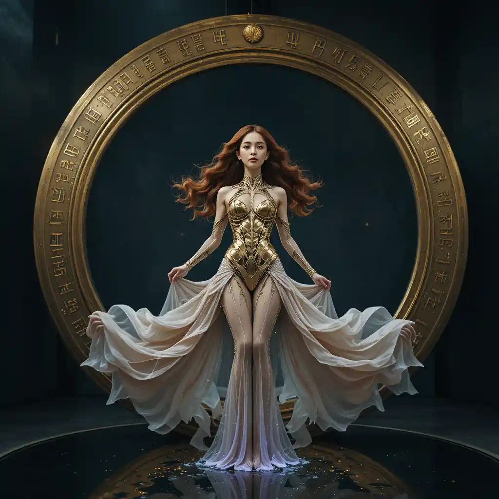 Korean woman floating in an emerald and gold exoskeleton gown