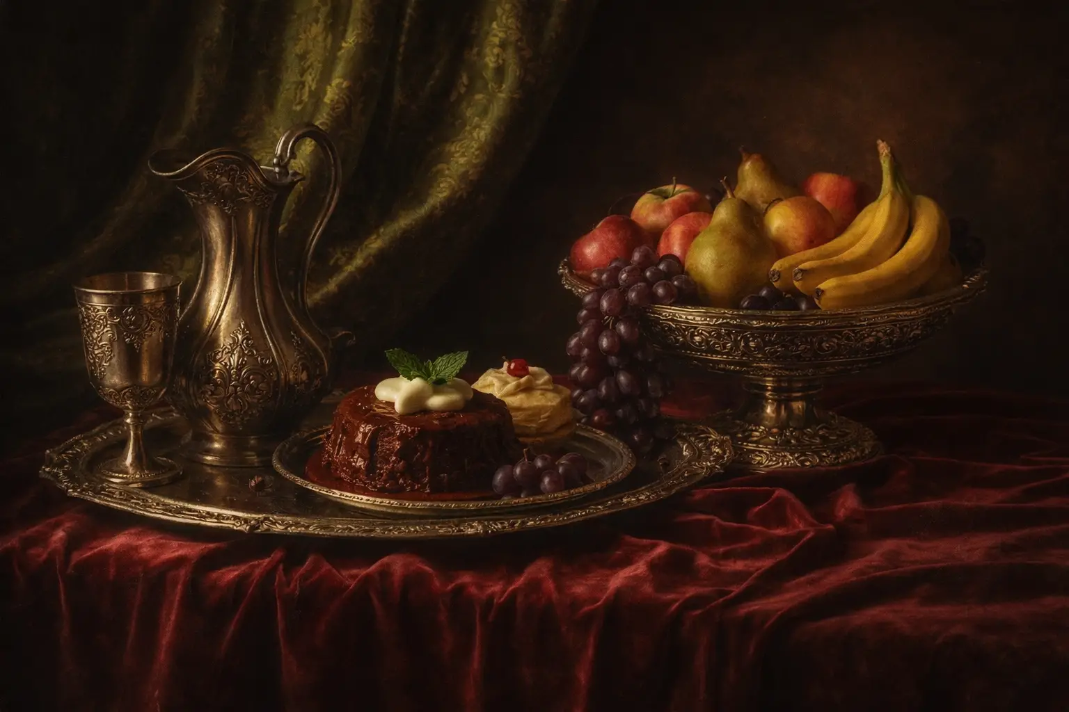 Nature morte baroque avec argenterie, fruits et gâteaux