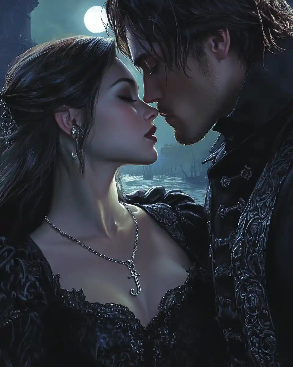 Donna gotica e principe pirata in un abbraccio al chiaro di luna