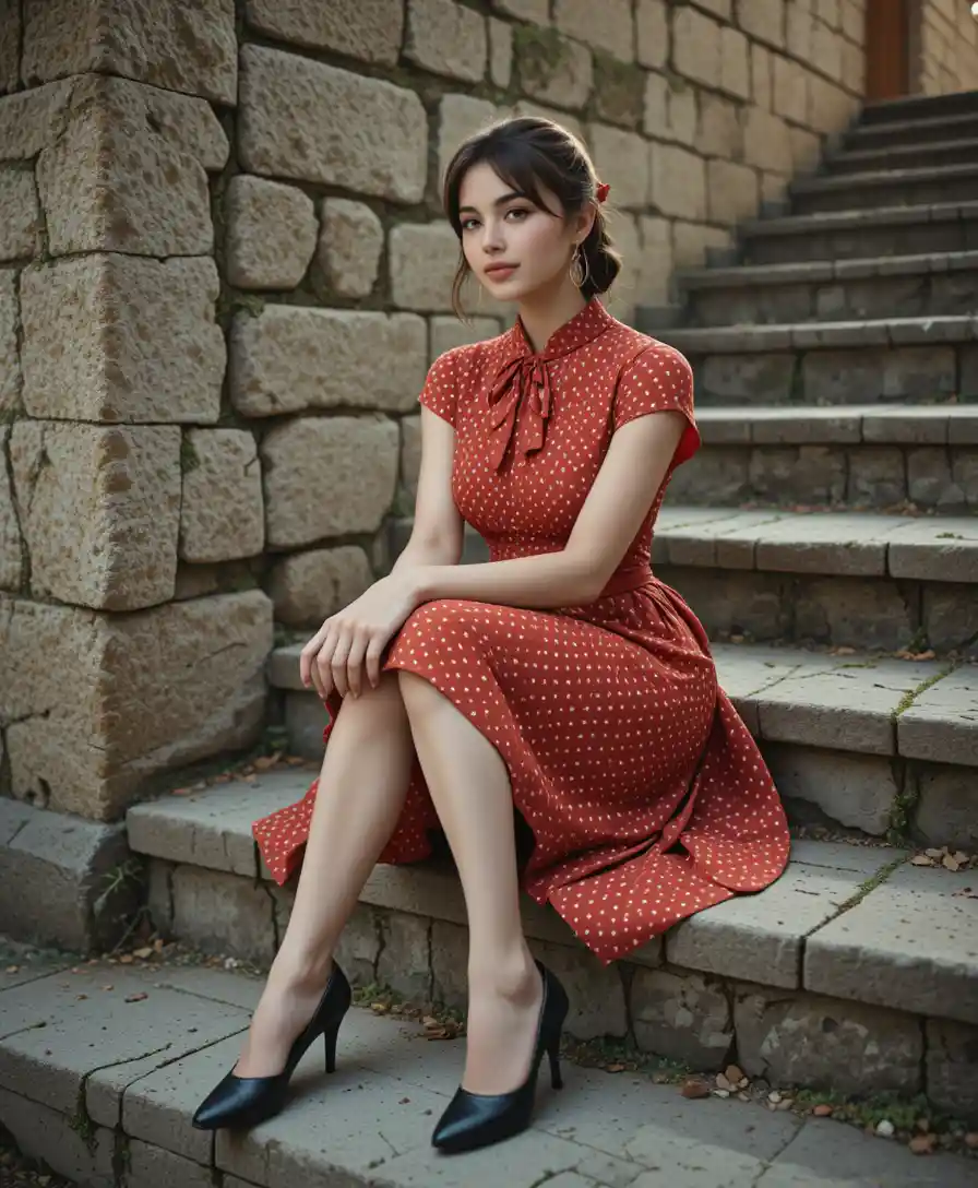 Elegant woman on stone steps in vintage red dress