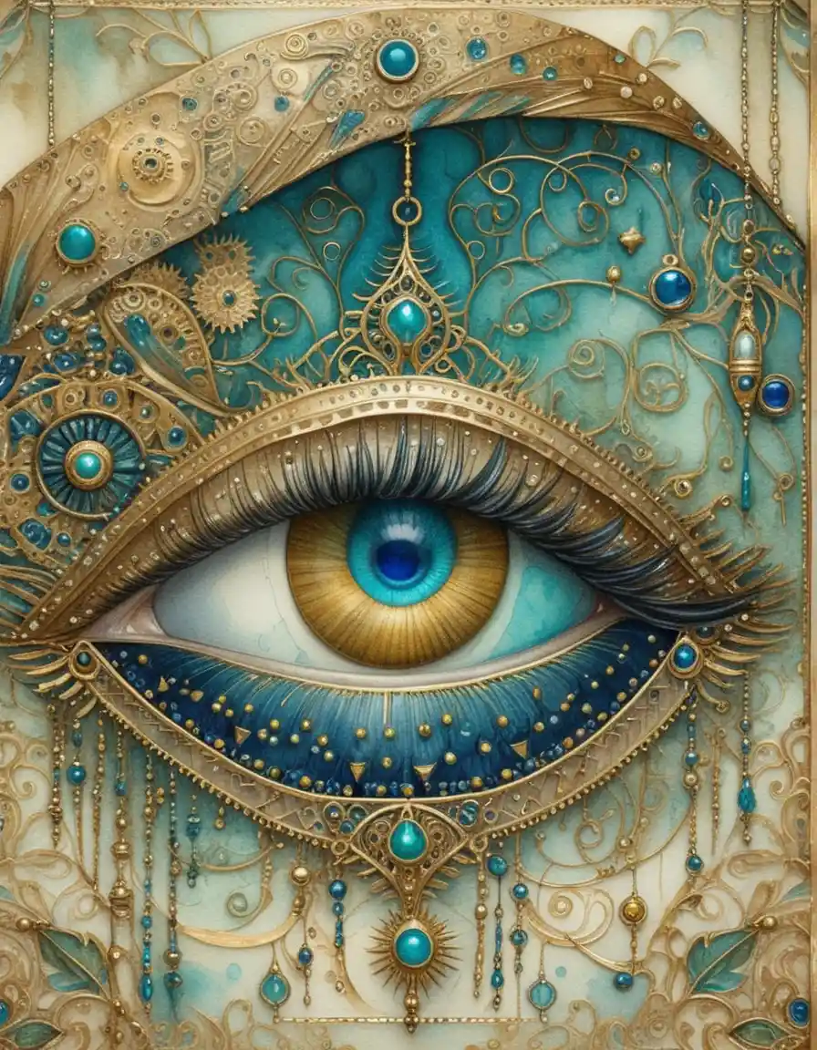 Œil humain turquoise aux détails art nouveau ornés de bijoux
