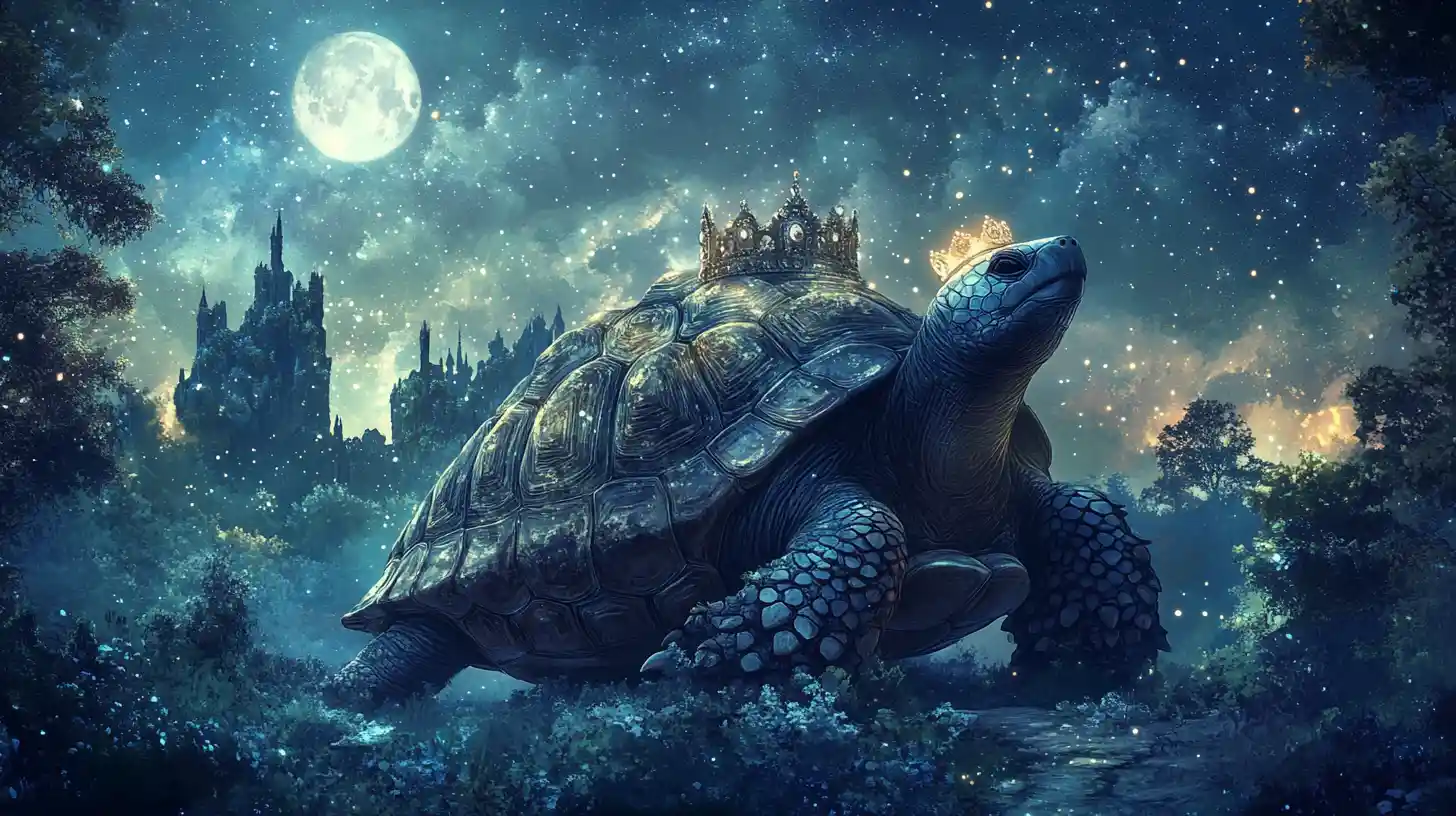 Majestic turtle princess walking through a mystical forest glade