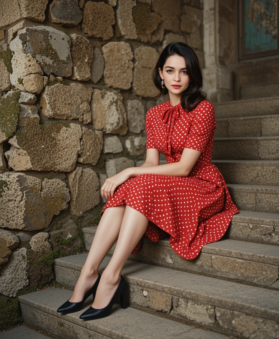 Mujer elegante con vestido rojo en escalones de piedra cubiertos de musgo