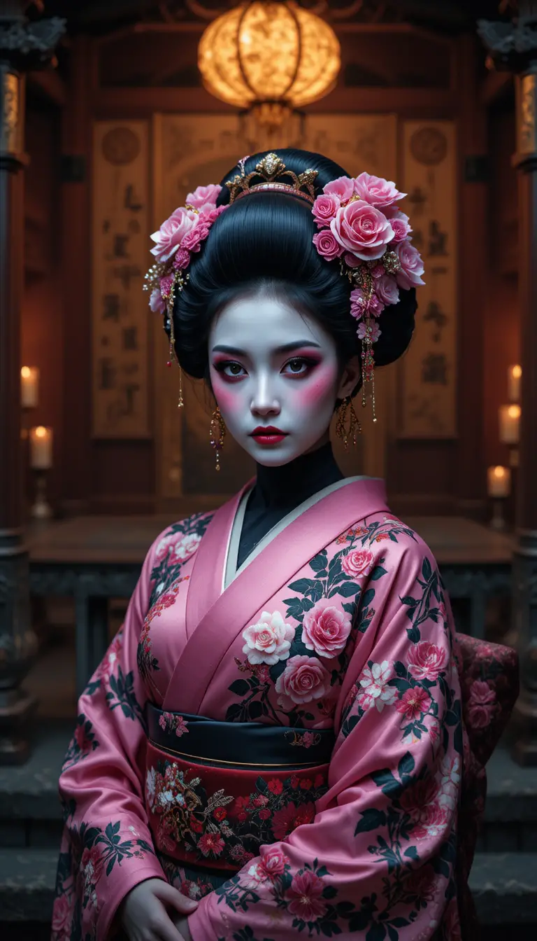 Geisha In Black Rose Makeup At Candlelit Shrine