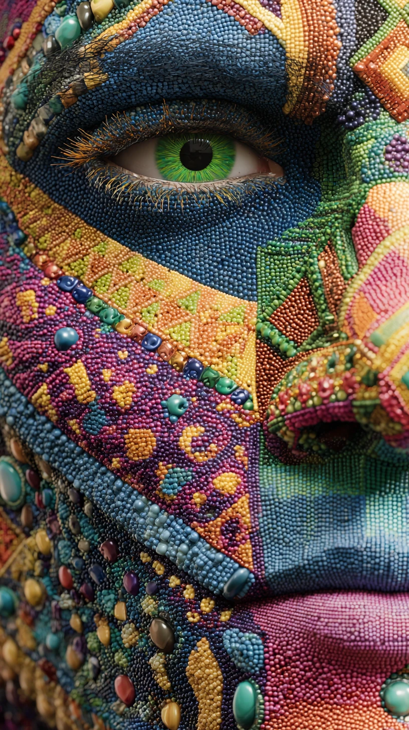 Rosto humano coberto por mosaico com olho verde vívido em close-up