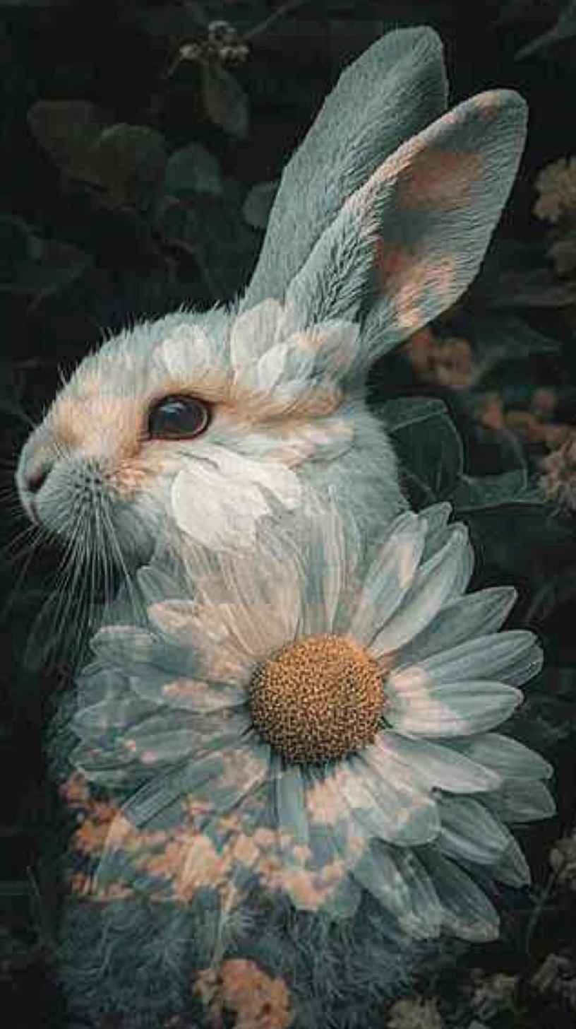 Lapin surréaliste formé de délicats pétales et feuilles de marguerite