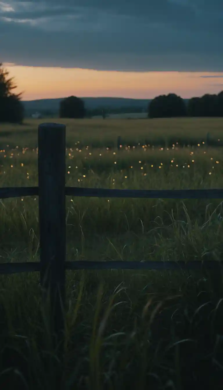 Firefly field at dusk with wooden fence and lyrics space