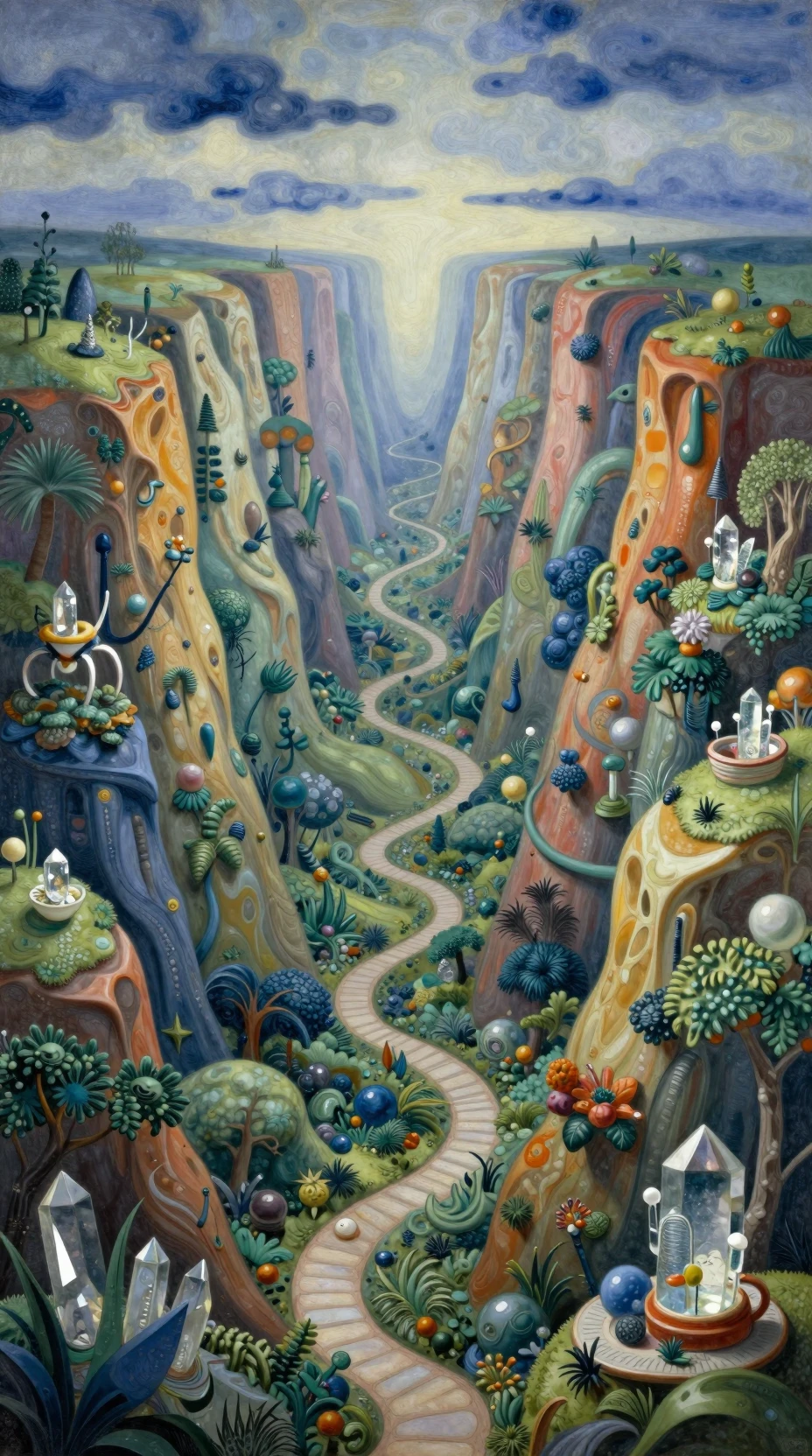 Whimsical fantasy ravine world with bridges and paths