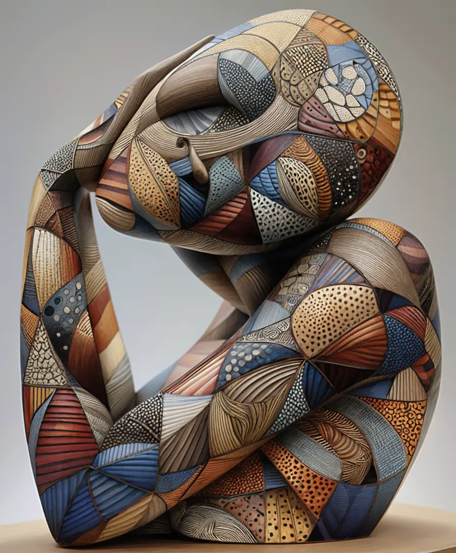 Abstract faceted nude female sculpture in contemplative pose
