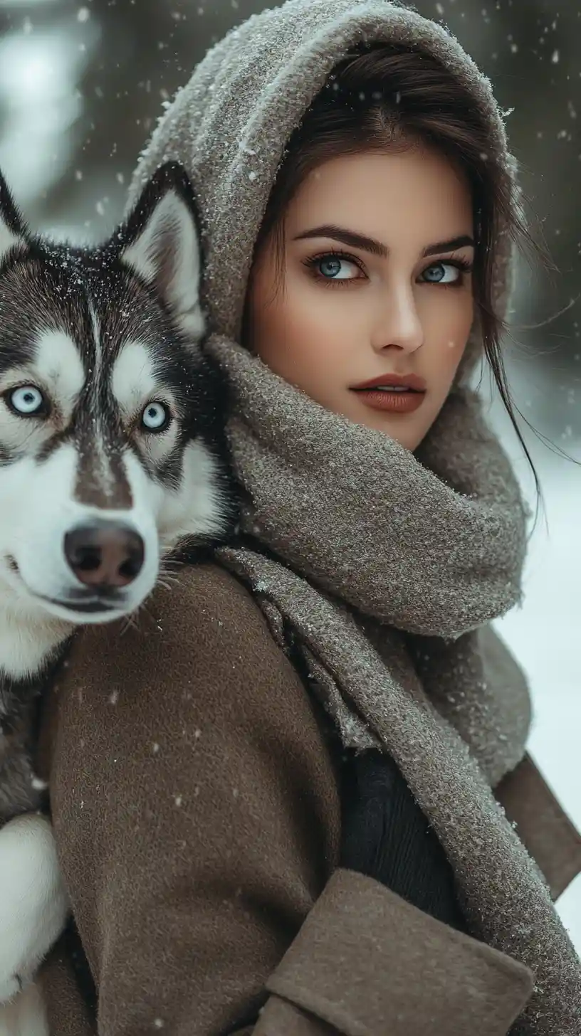 Elegant woman walking her husky on a cold winter morning