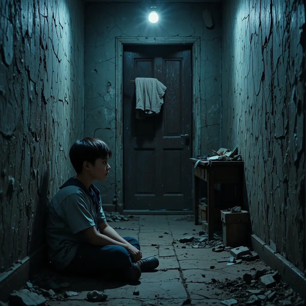 Poor mother and young boy in a small dim house