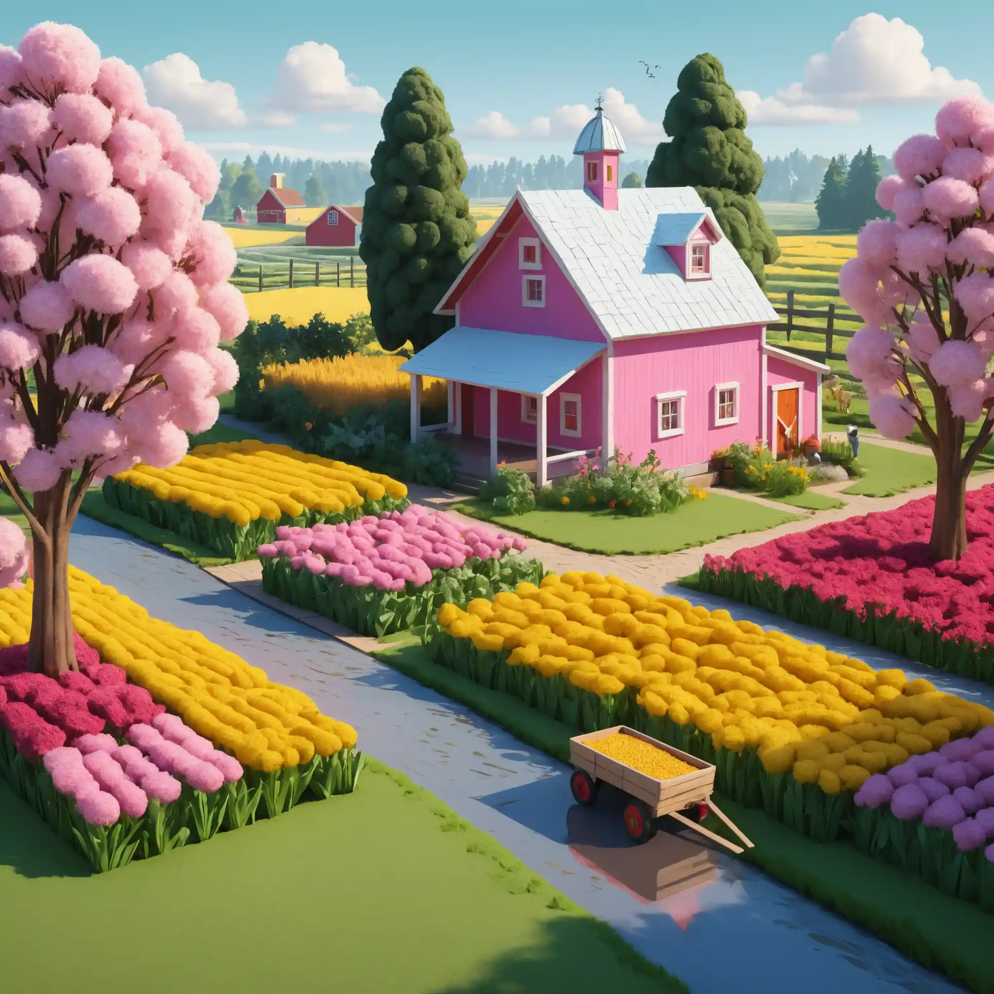Fattoria isometrica in stile cartoon con campi di fiori e fienile