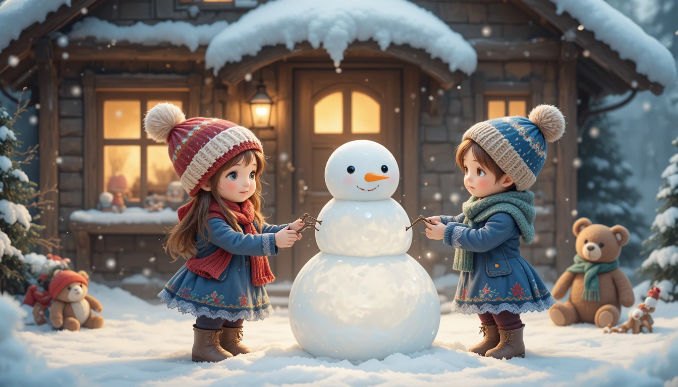 Deux enfants construisant un bonhomme de neige près d’une chaleureuse maison en bois