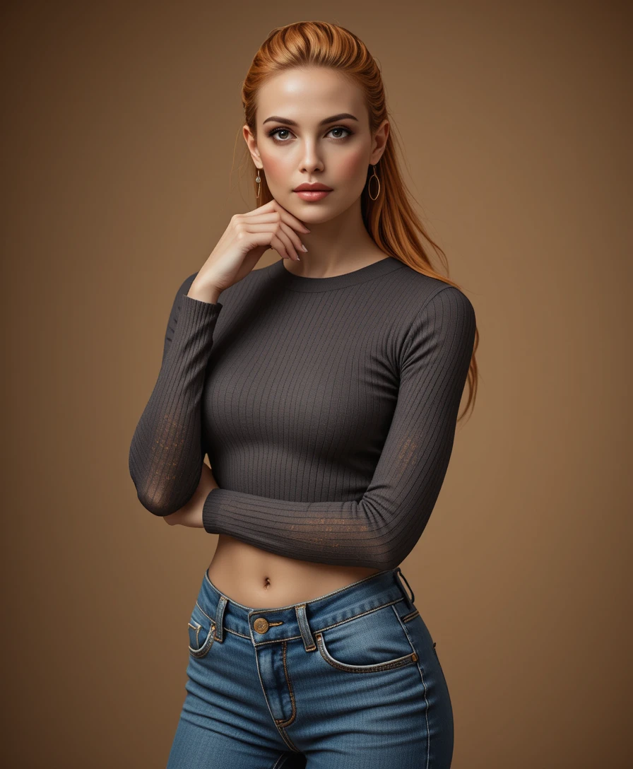 Portrait de mode en studio d’une élégante femme rousse