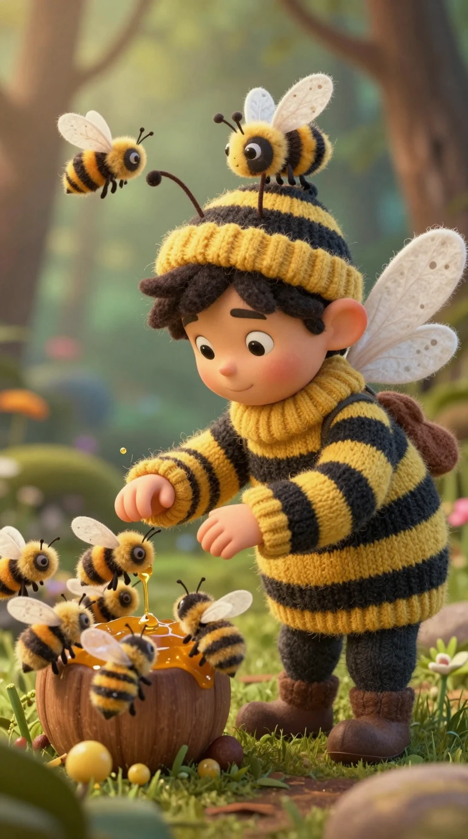 Elfo gentile in costume da ape che aiuta le api a raccogliere il miele