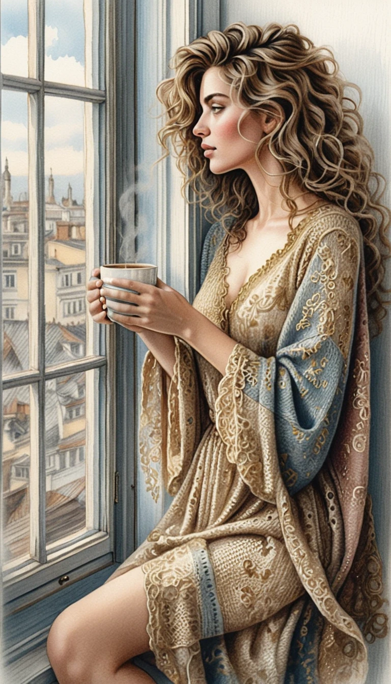 Femme sur un rebord de fenêtre avec un café dans la douce lumière du matin