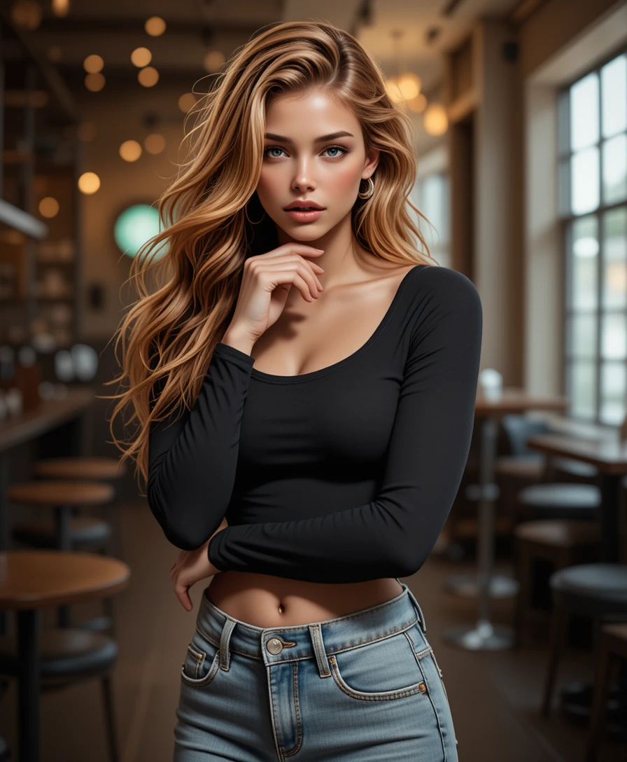 Elegant red haired woman posing in a stylish coffee shop