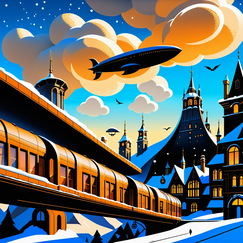 Ville d’hiver steampunk avec usine gothique et dirigeables