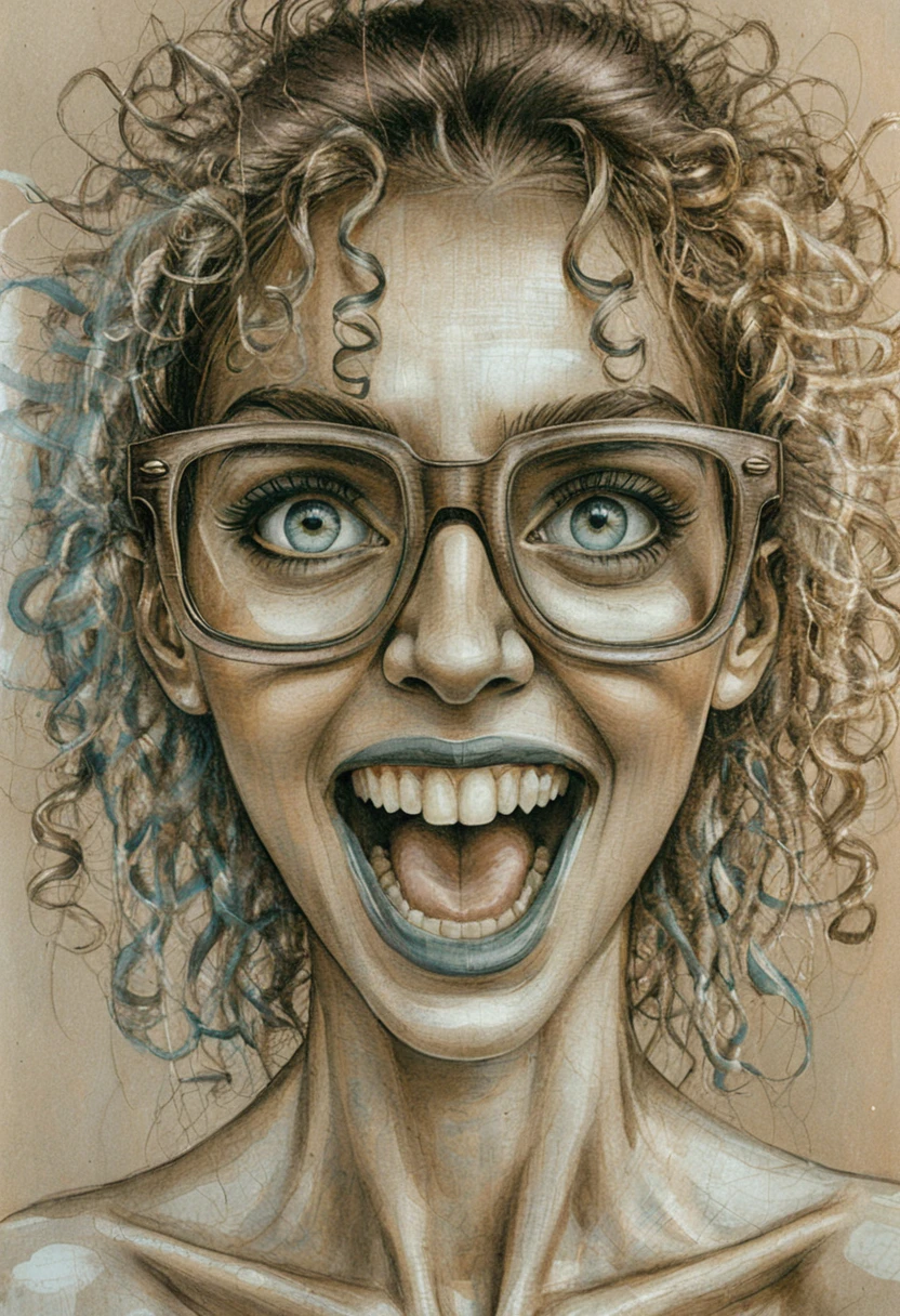 Ritratto surreale di donna con volto scarabocchiato e cavi intrecciati