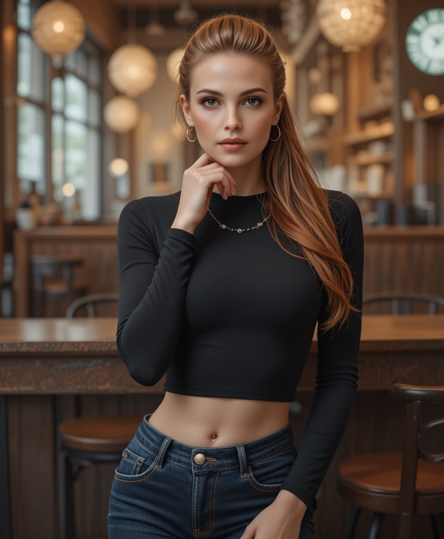Elegant red haired woman posing in a modern coffee shop