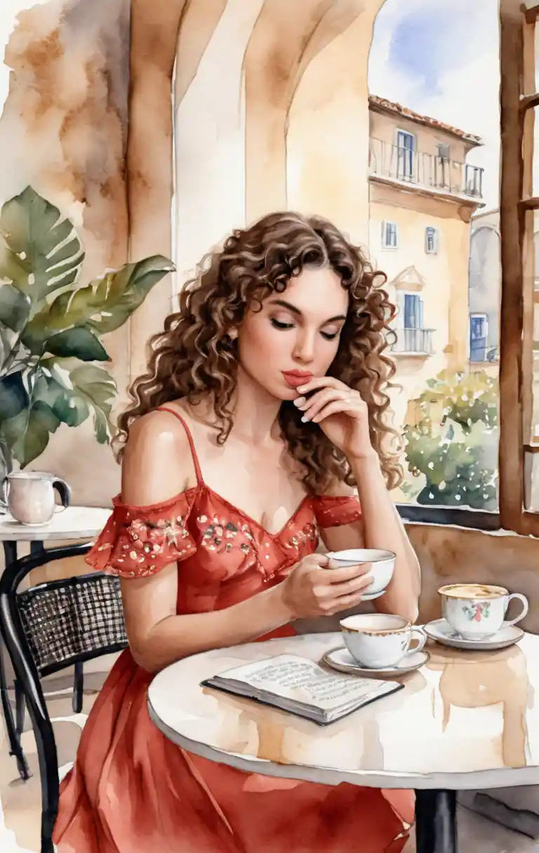 Ragazza ad acquerello che legge a un piccolo tavolo da caffè
