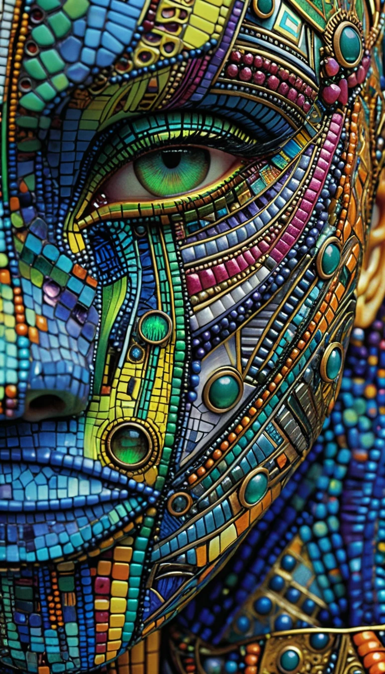 Rosto em close extremo com padrões geométricos de mosaico coloridos