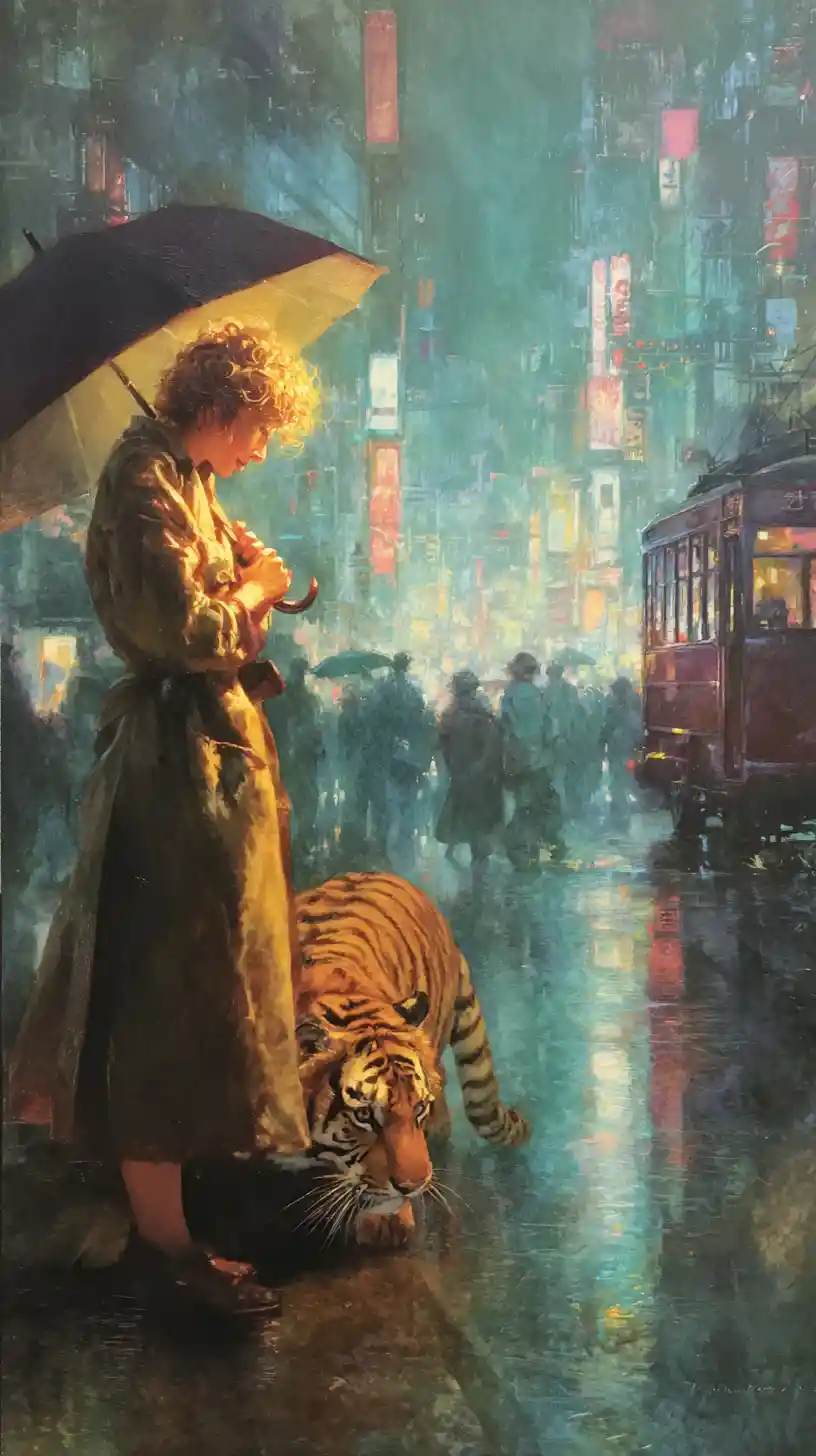 Donna e tigre in una strada di Tokyo illuminata al neon di notte