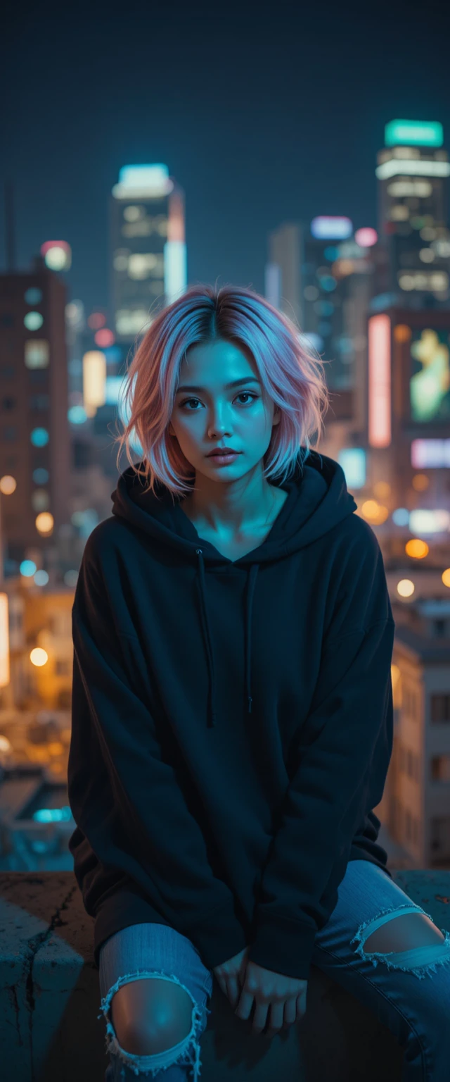 Young woman on city rooftop at night portrait