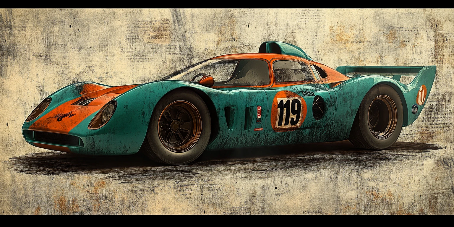 Carro de corrida vintage em verde-azulado sobre fundo monocromático desgastado