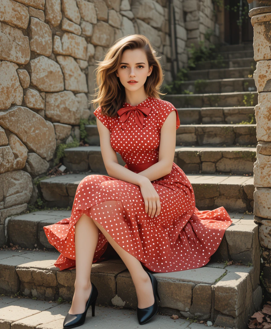 Mujer elegante con vestido rojo en escalones de piedra musgosa