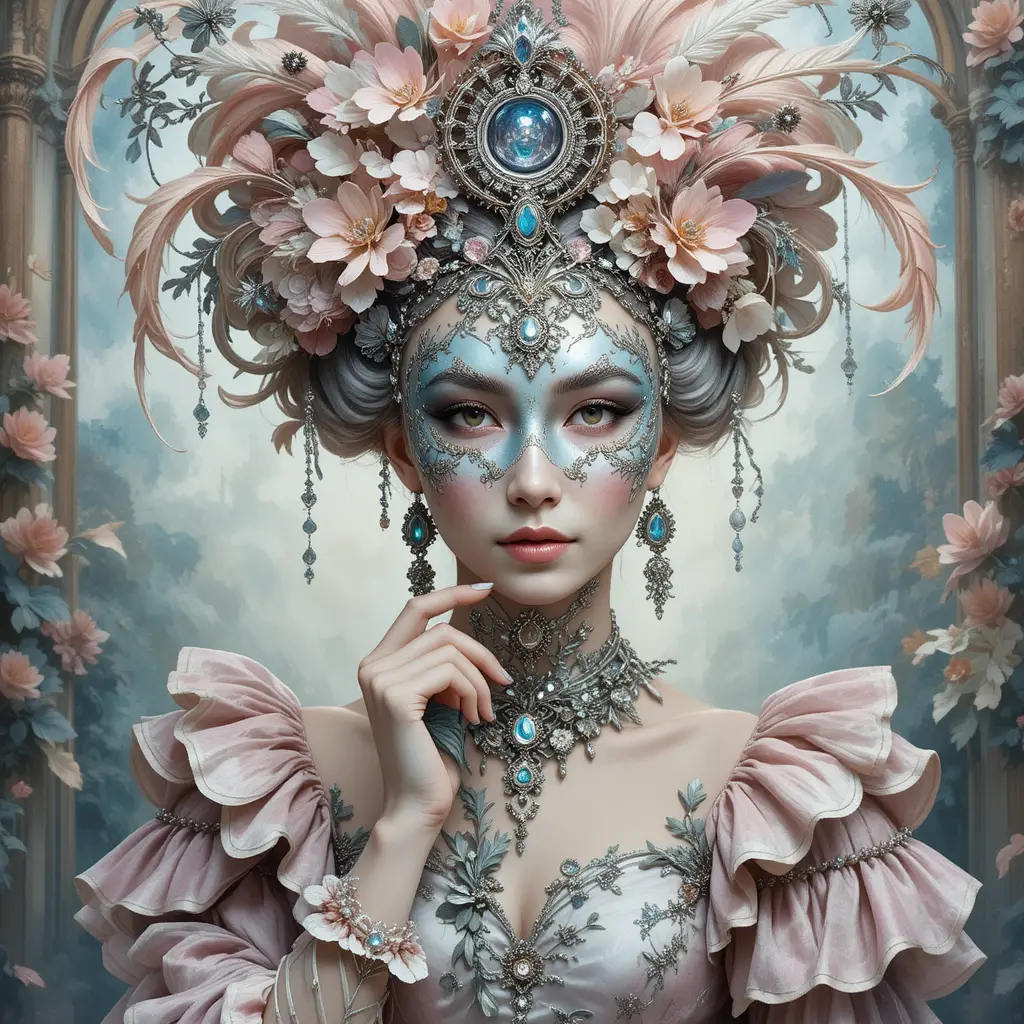 Reine de carnaval masquée en robe de soie pastel et coiffure bouffante
