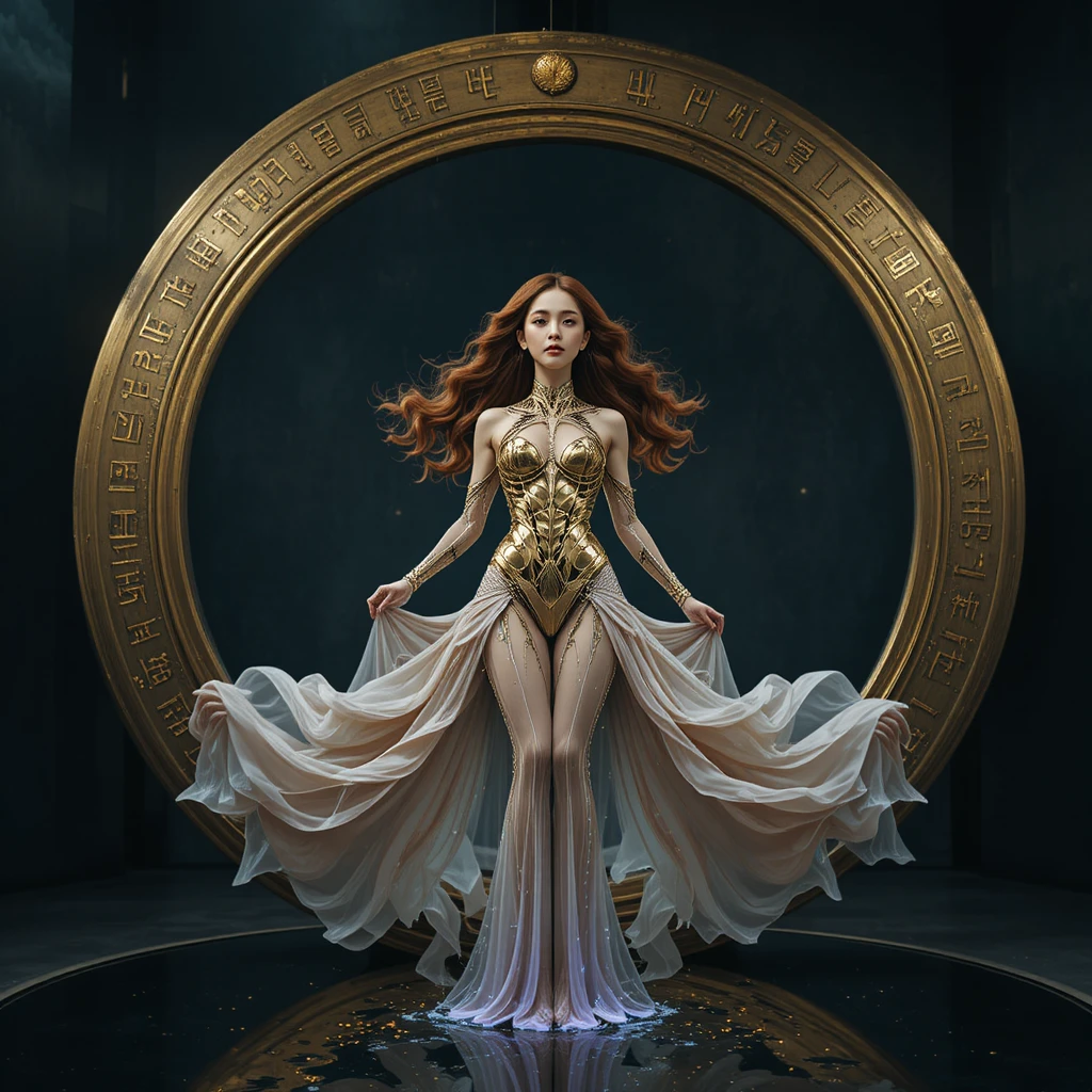 Korean woman floating in an emerald and gold exoskeleton gown