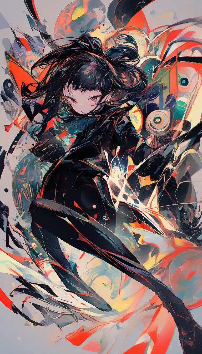 Ragazza anime surreale che emerge da un vortice di sogni colorato