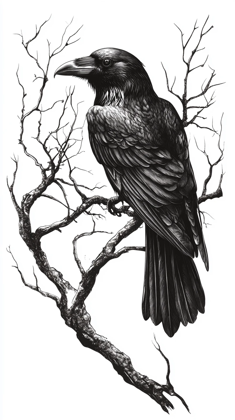 Corvo em galho retorcido em ilustração vetorial monocromática