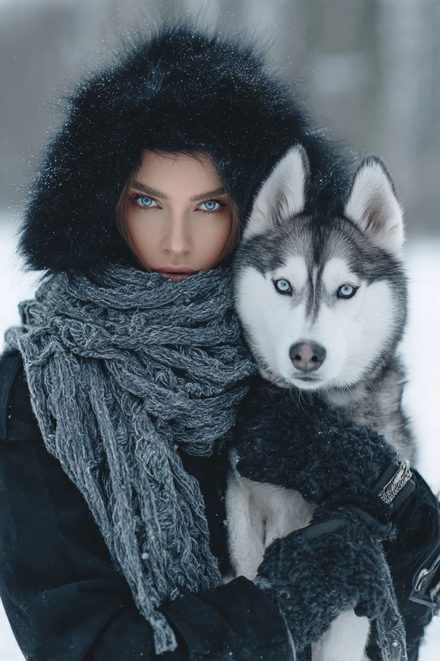 Femme élégante promenant son husky par un matin d’hiver