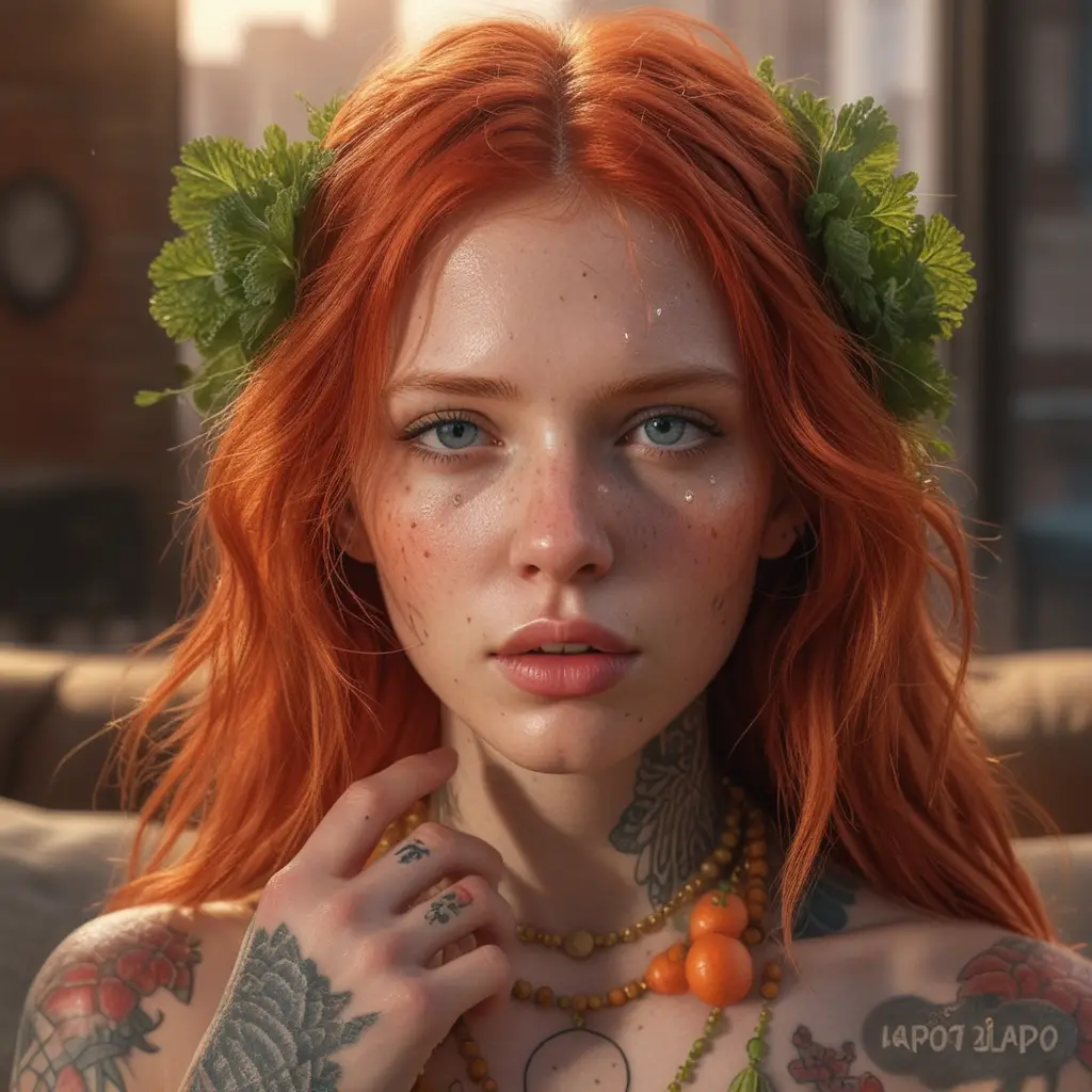Jeune femme tatouée assise dans un salon chaleureux