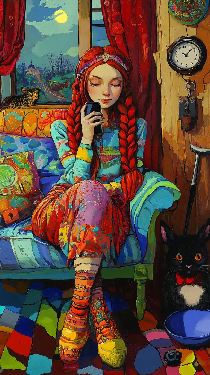 Red braided girl resting on sofa with black cat