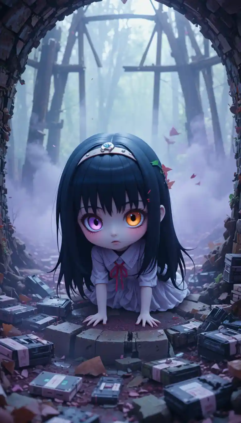 Adorable créature d’horreur chibi rampant hors d’un puits maudit brisé