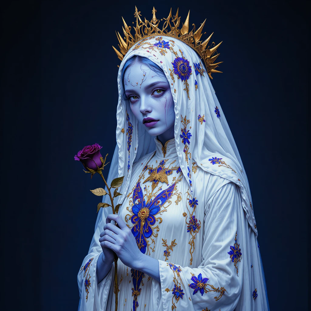 Gothic vampire nun with golden halo and bleeding rose
