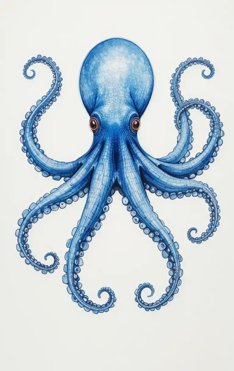 Blue watercolor octopus with flowing curling tentacles