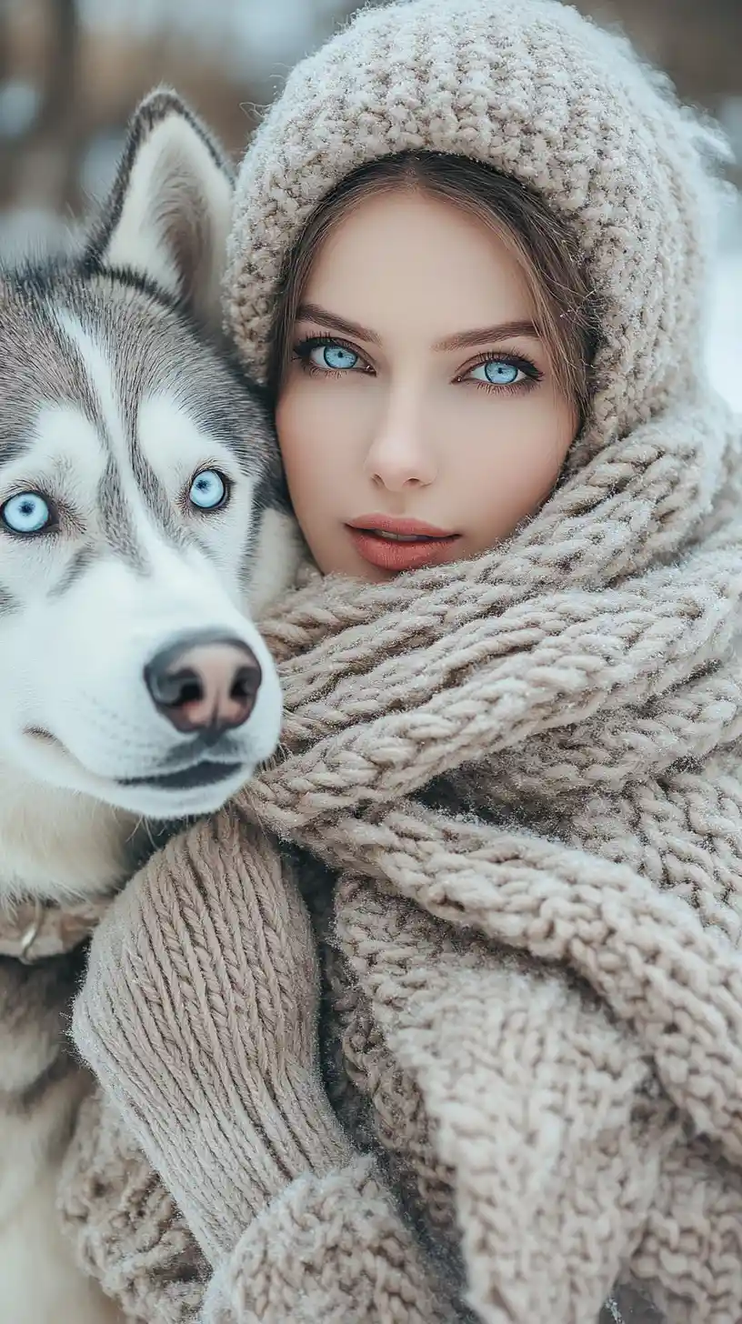 Elegante donna che porta a spasso il suo husky in una mattina d’inverno