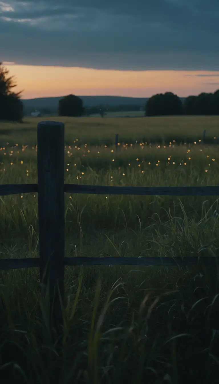 Firefly field at dusk with wooden fence and lyrics space