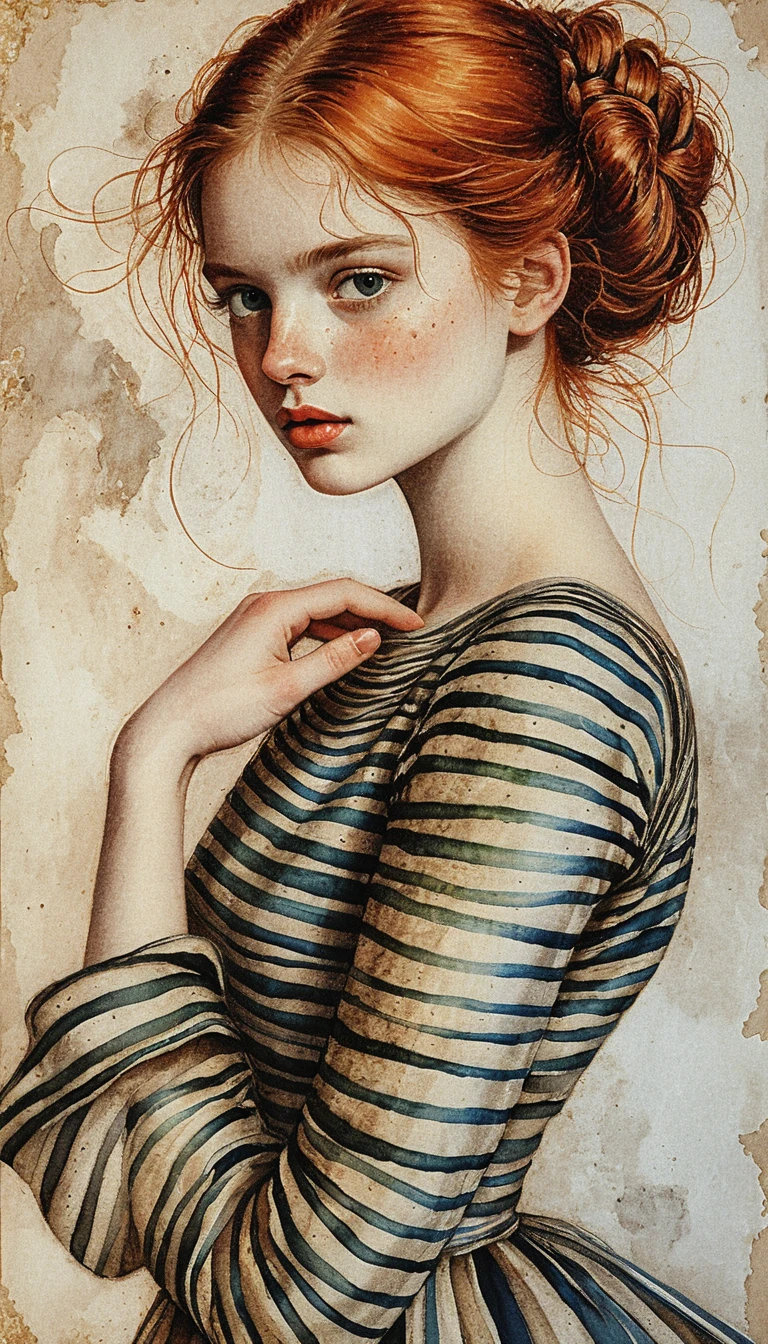 Renaissance style portrait of a red haired girl in stripes