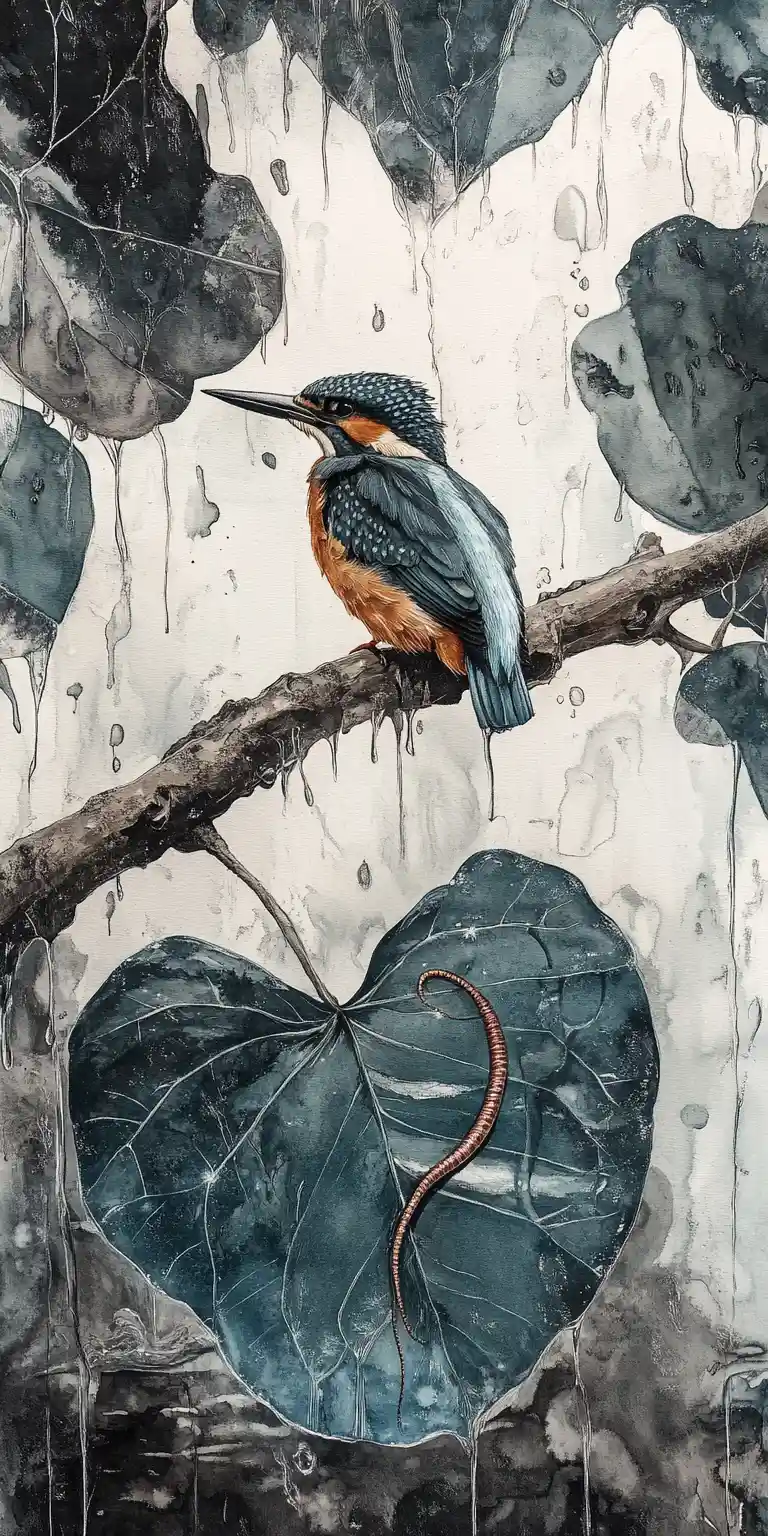 Ave surreal sobre rama retorcida bajo suave lluvia en el bosque