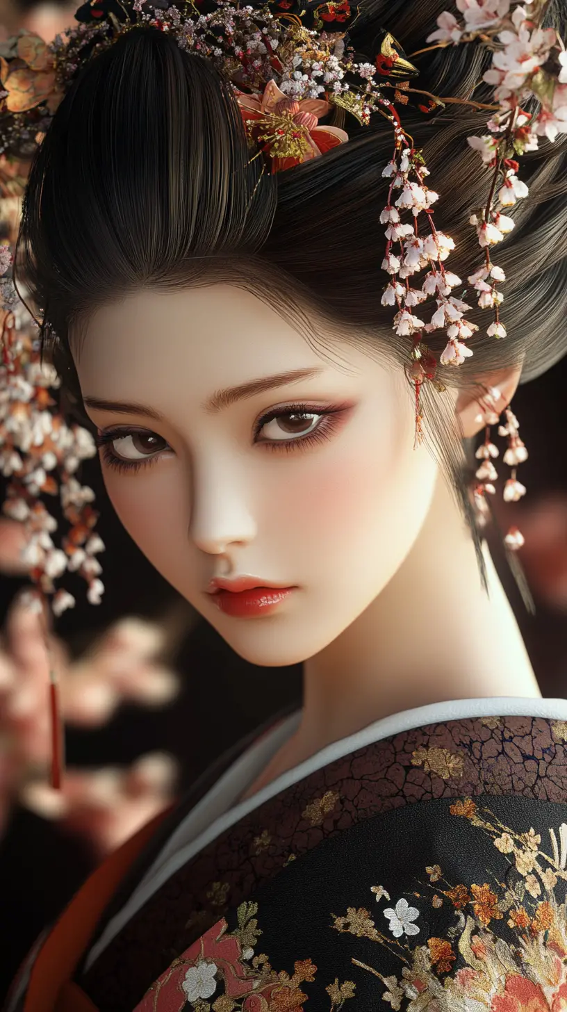 Donna giapponese in kimono ornato con fiori di ciliegio