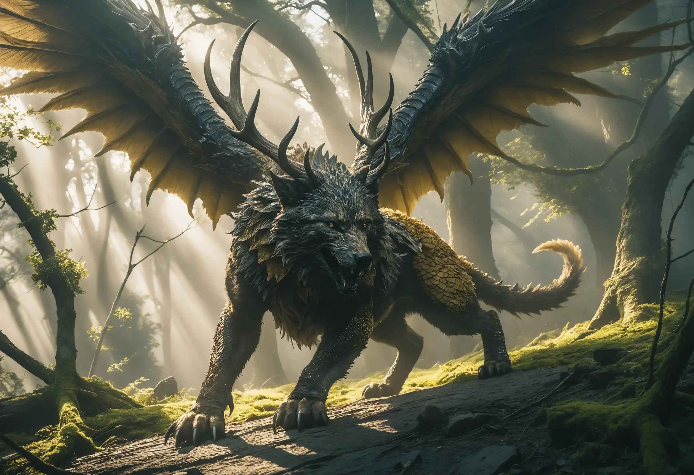Chimera minacciosa con corna e ali nell’oscurità al chiaro di luna