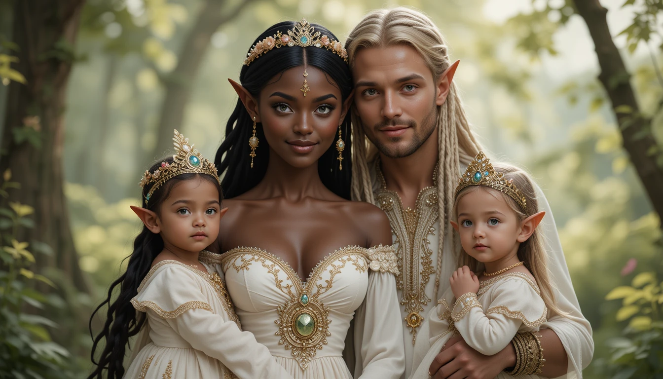 Black skinned elf woman in ornate white and gold dress