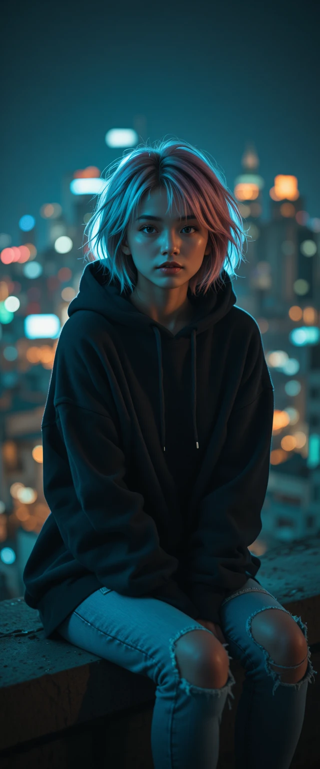 Young woman on city rooftop at night portrait