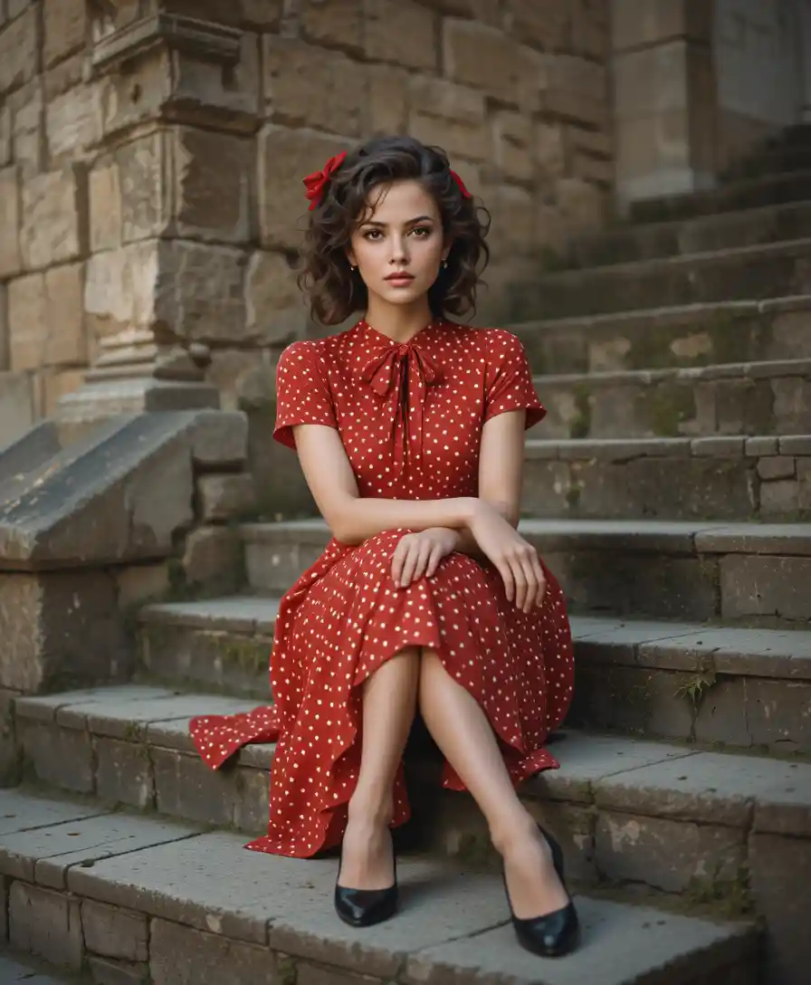 Mujer elegante con vestido rojo sentada en escalones de piedra cubiertos de musgo