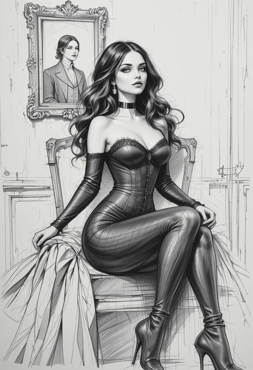 Mulher elegante de espartilho sentada em um quarto decadente